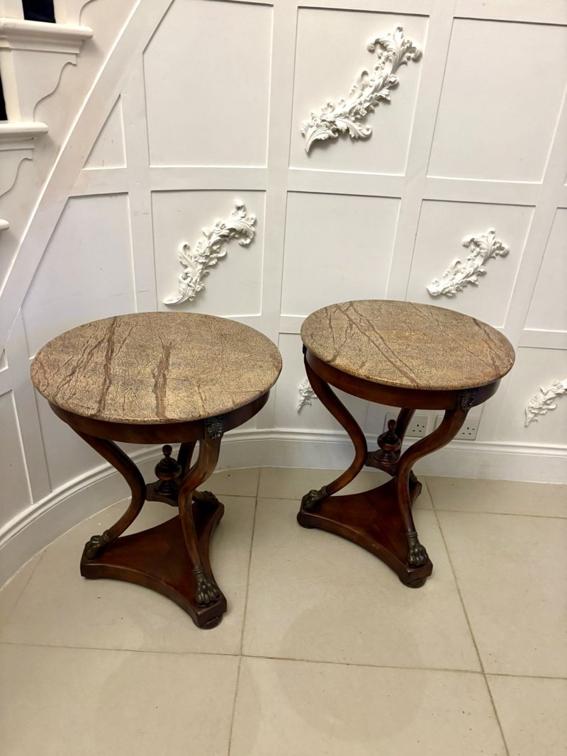 Antique Edwardian Quality Pair of French Marble-Top Gueridon Side / Lamp Tables